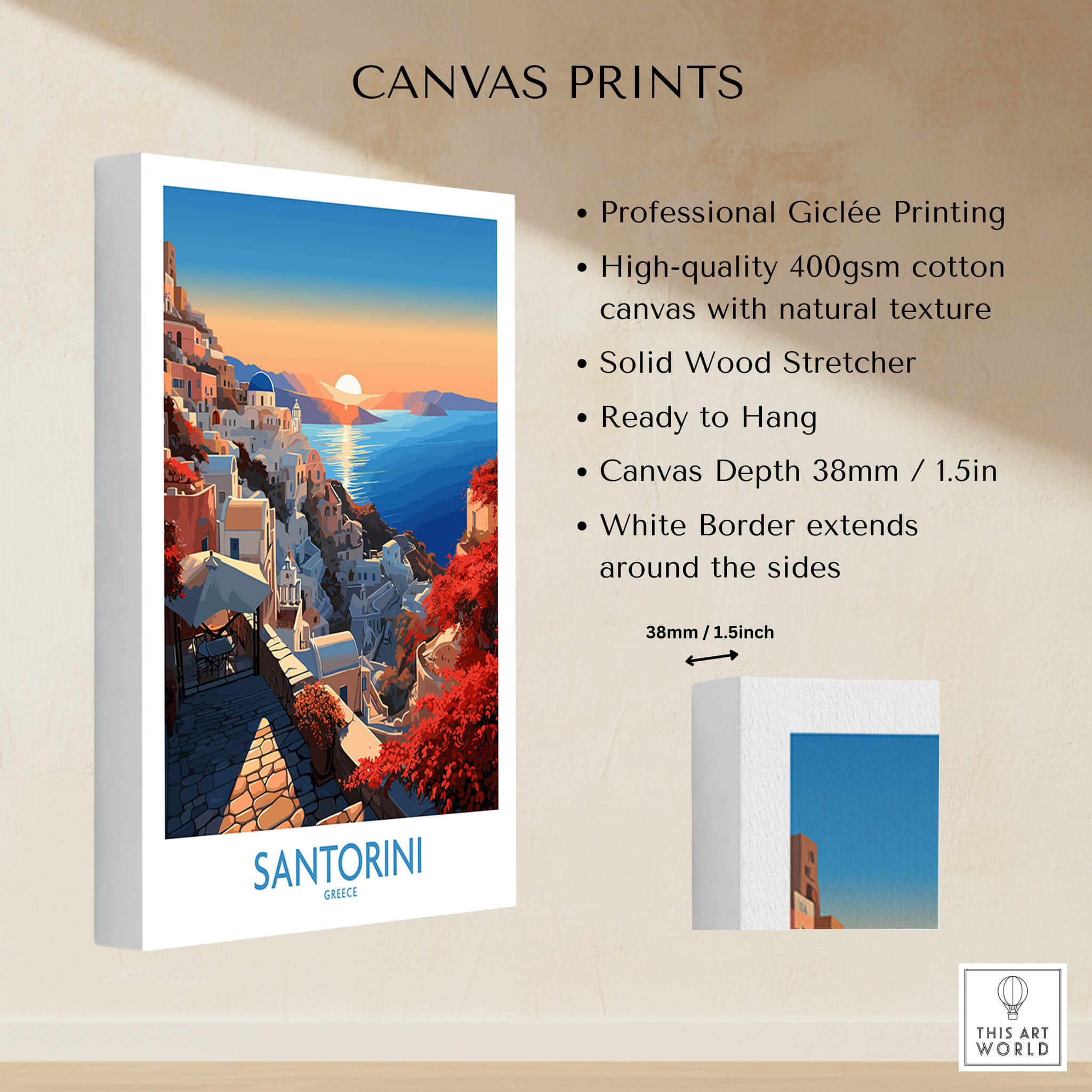 Santorini Art Print showcasing vibrant colors and detailed lines, perfect for home decor.