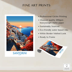 Santorini Art Print featuring vibrant colors and detailed lines, perfect for home decor, capturing Mediterranean beauty.