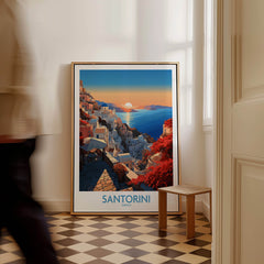 Santorini Art Print displayed in a stylish setting, showcasing vibrant colors and Mediterranean scenery.