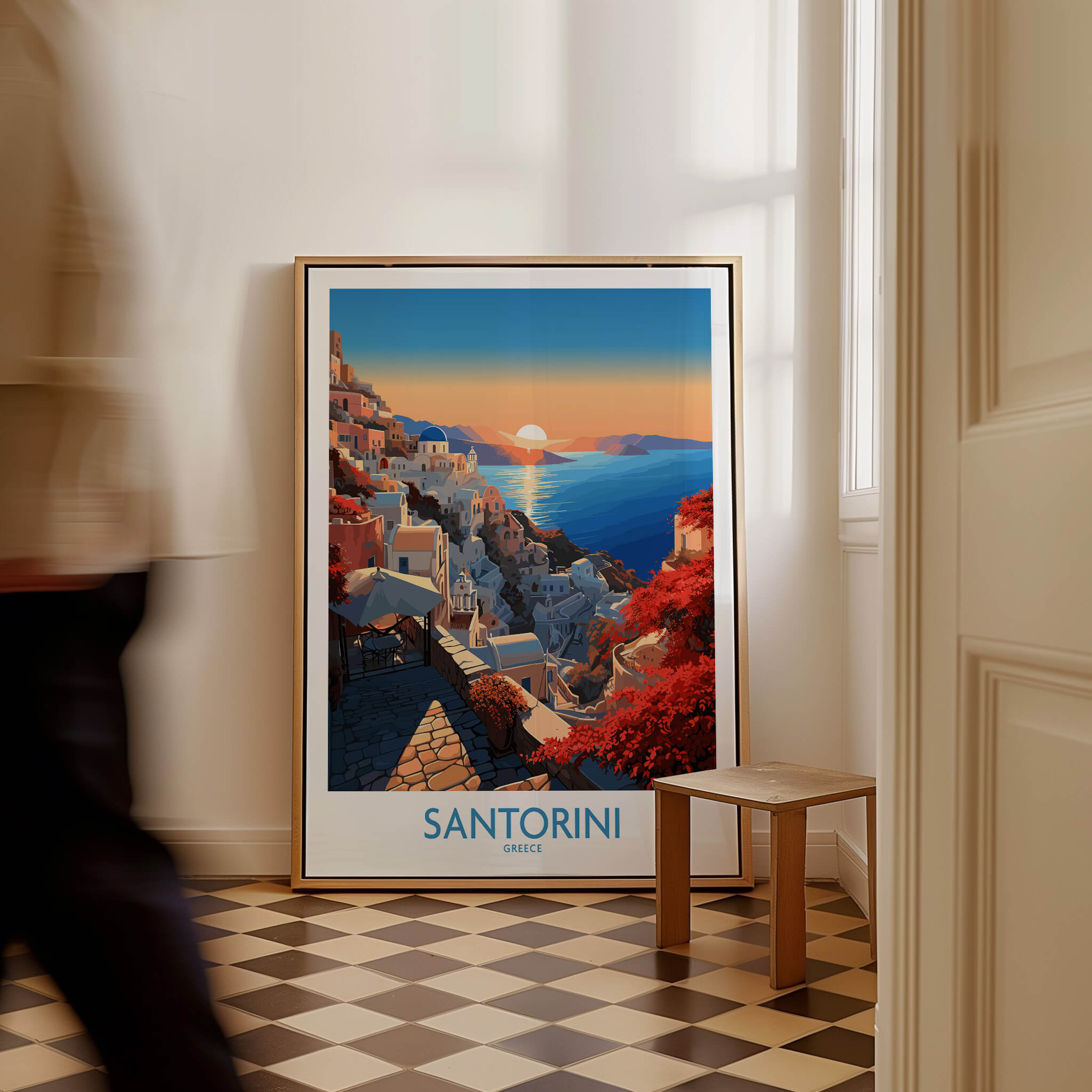 Santorini Art Print displayed in a stylish setting, showcasing vibrant colors and Mediterranean scenery.
