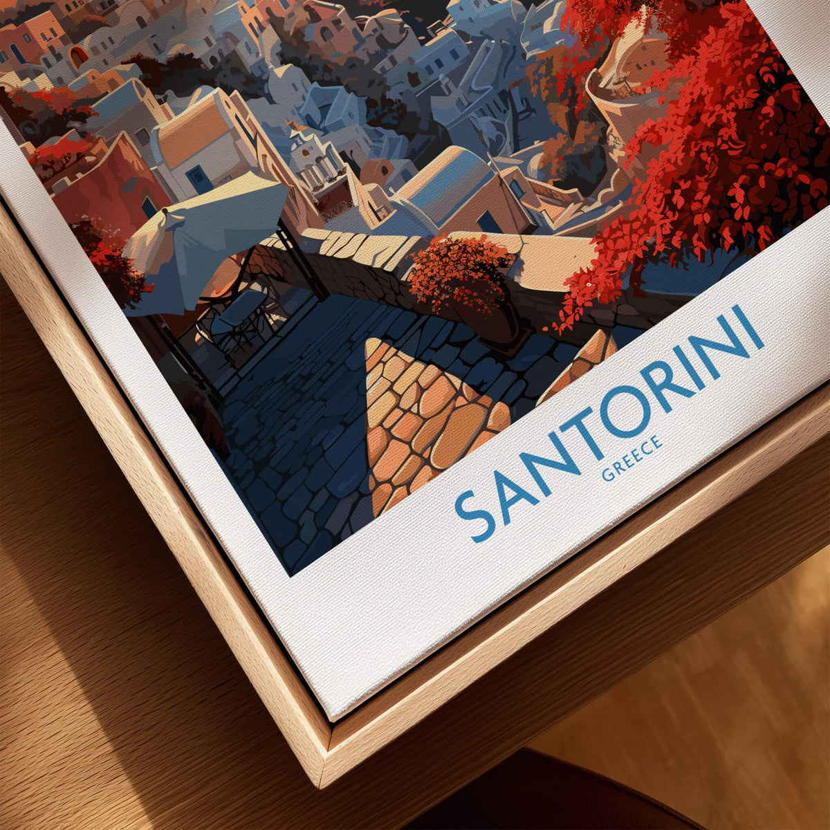 Santorini Art Print featuring vibrant colors and detailed lines, capturing the beauty of Greece in home decor.