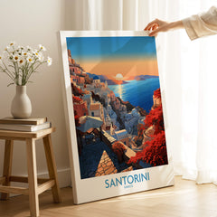 Santorini Art Print showcasing vibrant sunset over Greek village houses by the sea, perfect for home decor.