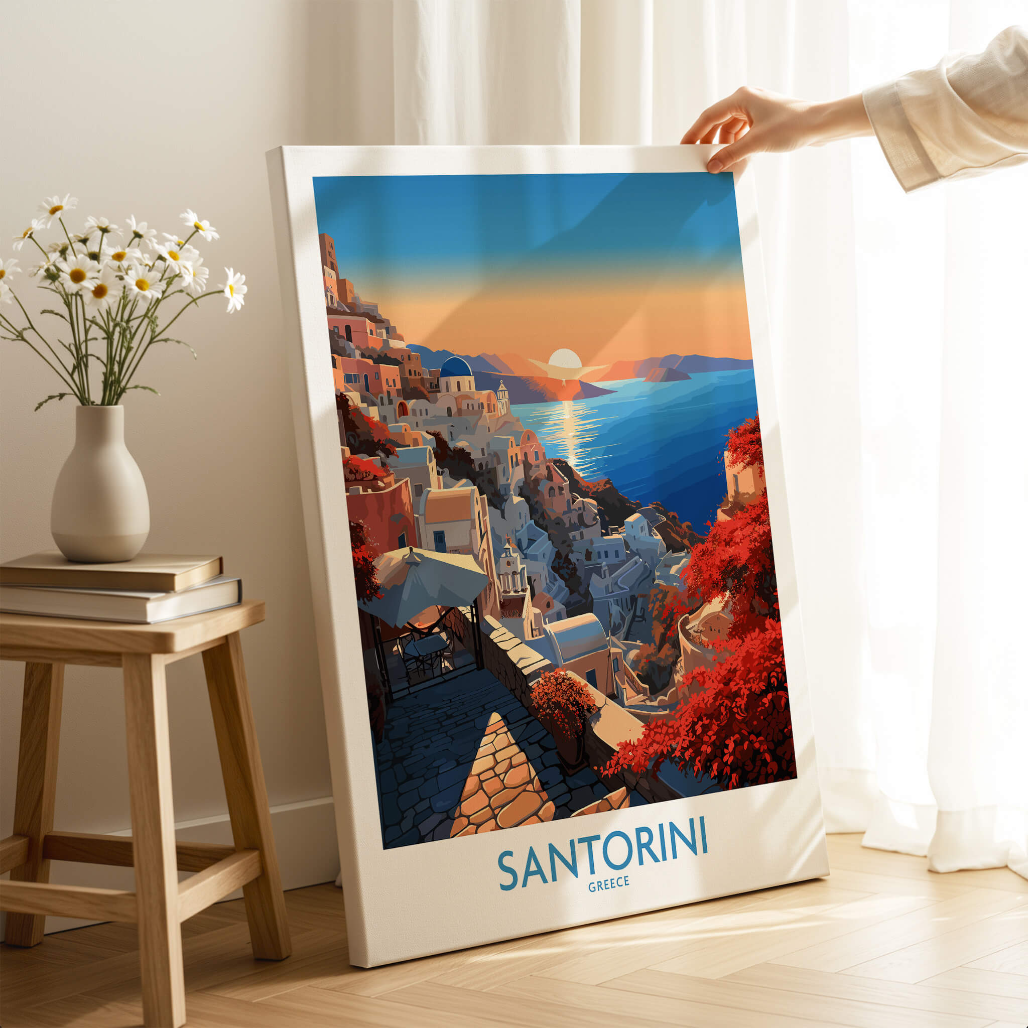 Santorini Art Print showcasing vibrant sunset over Greek village houses by the sea, perfect for home decor.