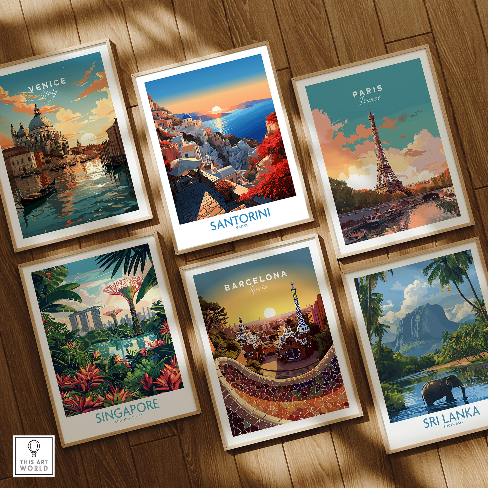 Collection of vibrant travel art prints including Santorini Art Print, showcasing iconic destinations.