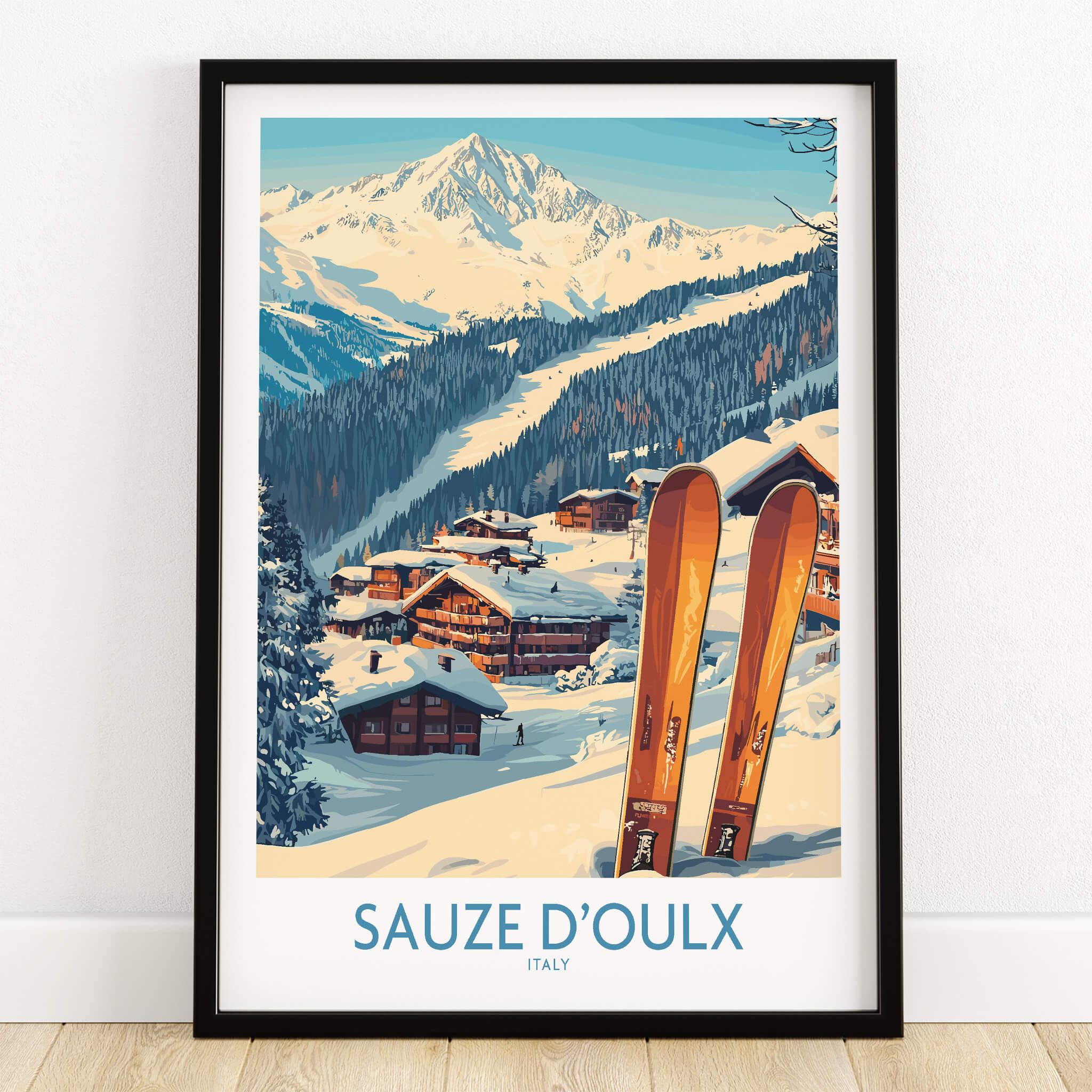 Sauze d'Oulx Ski Poster showcasing vibrant slopes and picturesque landscapes of Italy's ski resort.
