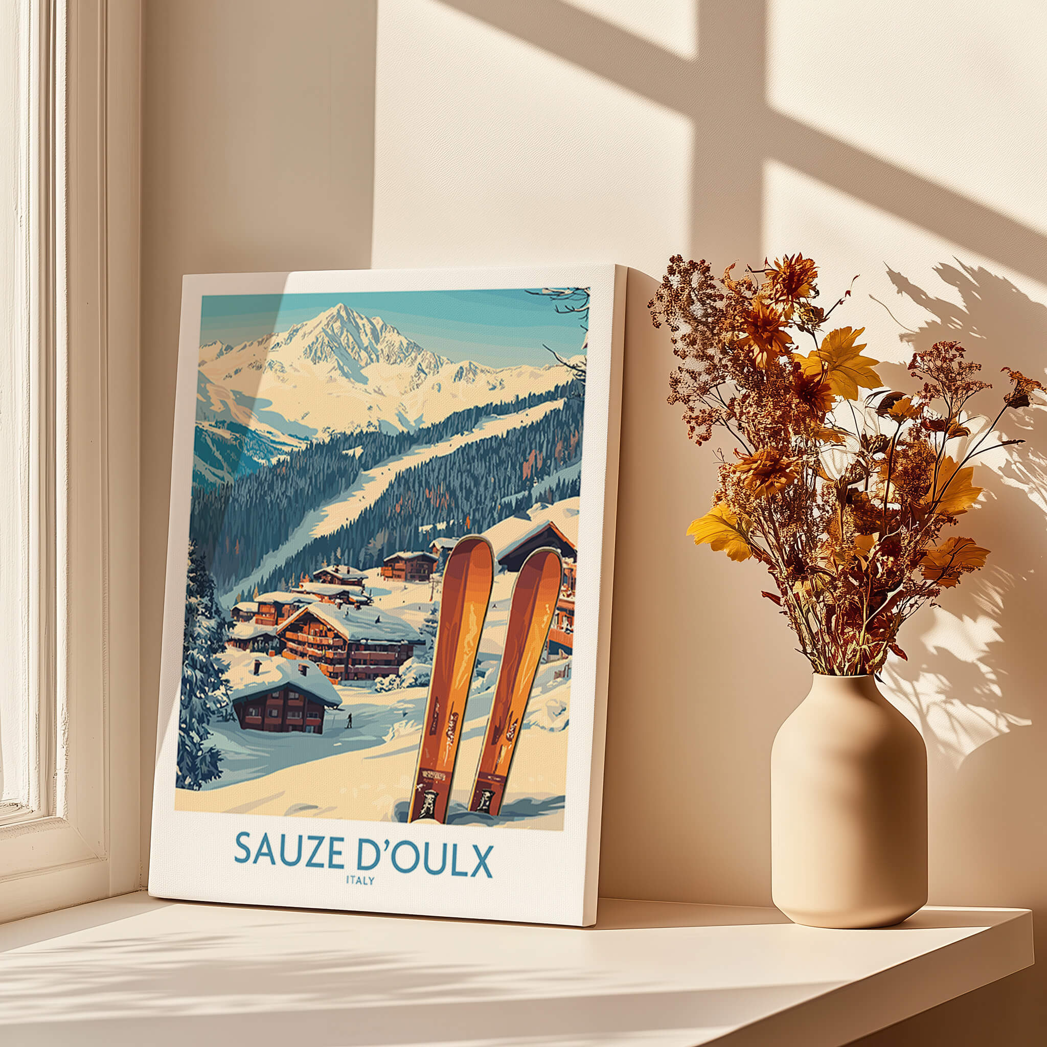 Sauze d'Oulx Ski Poster featuring picturesque snowy landscapes and vintage ski gear in a cozy setting.