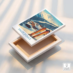Sauze d'Oulx Ski Poster displayed on a wooden box, showcasing vibrant slopes and picturesque landscapes.