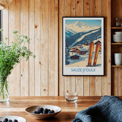 Sauze d'Oulx Ski Poster on a wooden wall featuring scenic ski landscapes and vibrant slopes.