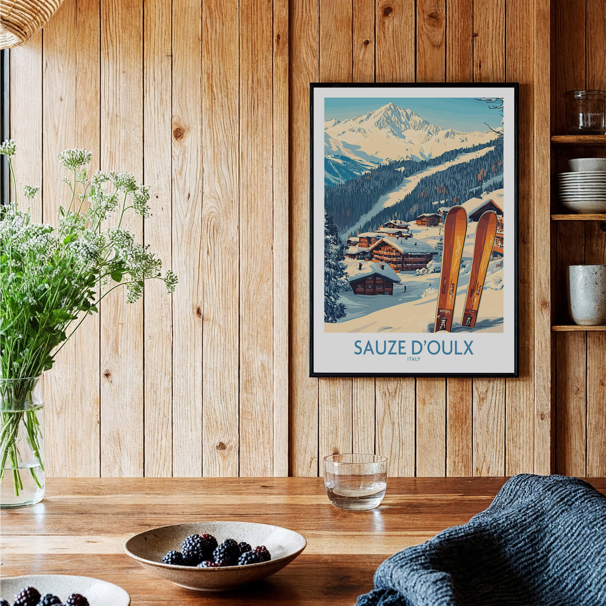 Sauze d'Oulx Ski Poster on a wooden wall featuring scenic ski landscapes and vibrant slopes.