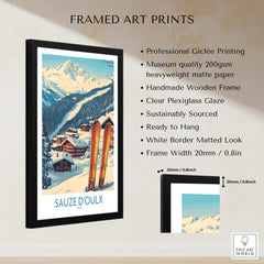 Sauze d'Oulx Ski Poster framed art print showcasing picturesque ski landscapes and vibrant slopes for home decor.