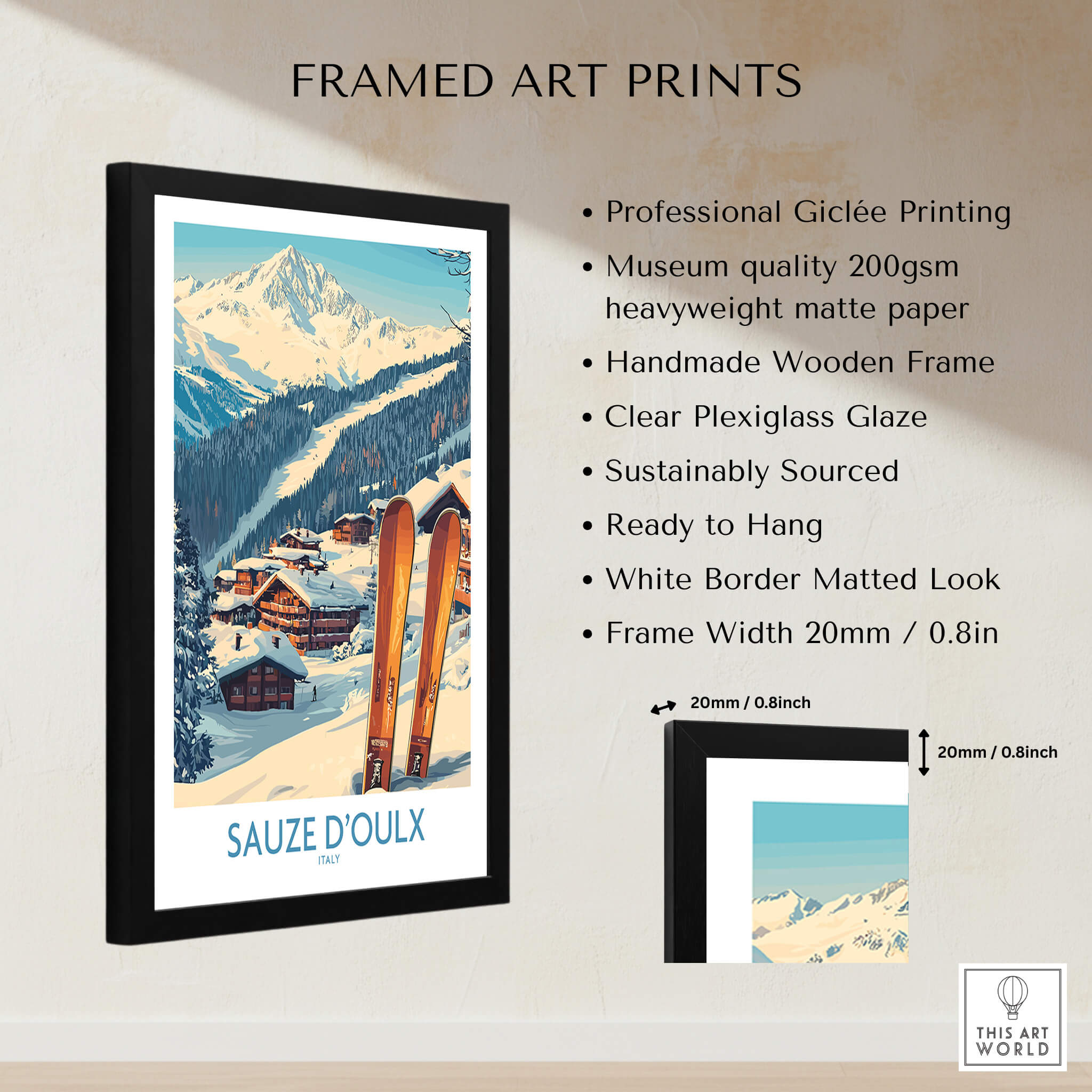 Sauze d'Oulx Ski Poster framed art print showcasing picturesque ski landscapes and vibrant slopes for home decor.
