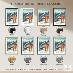 Sauze d'Oulx Ski Poster framed prints in various colors including Black, White, Natural, and Brown.
