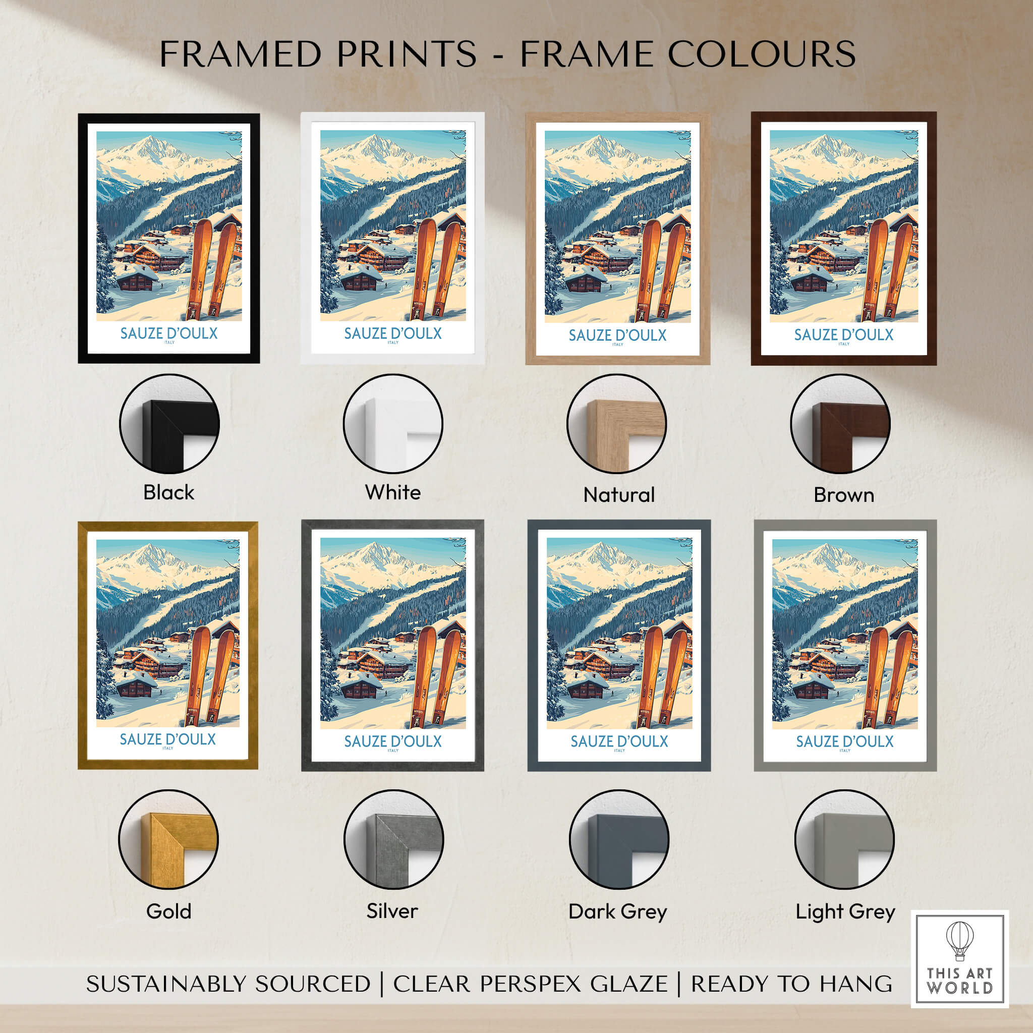 Sauze d'Oulx Ski Poster framed prints in various colors including Black, White, Natural, and Brown.