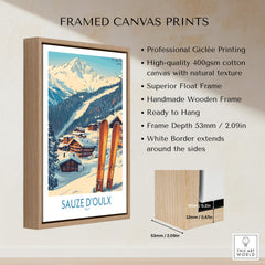 Framed canvas print featuring the Sauze d'Oulx Ski Poster in a wooden frame, showcasing vibrant ski landscapes.