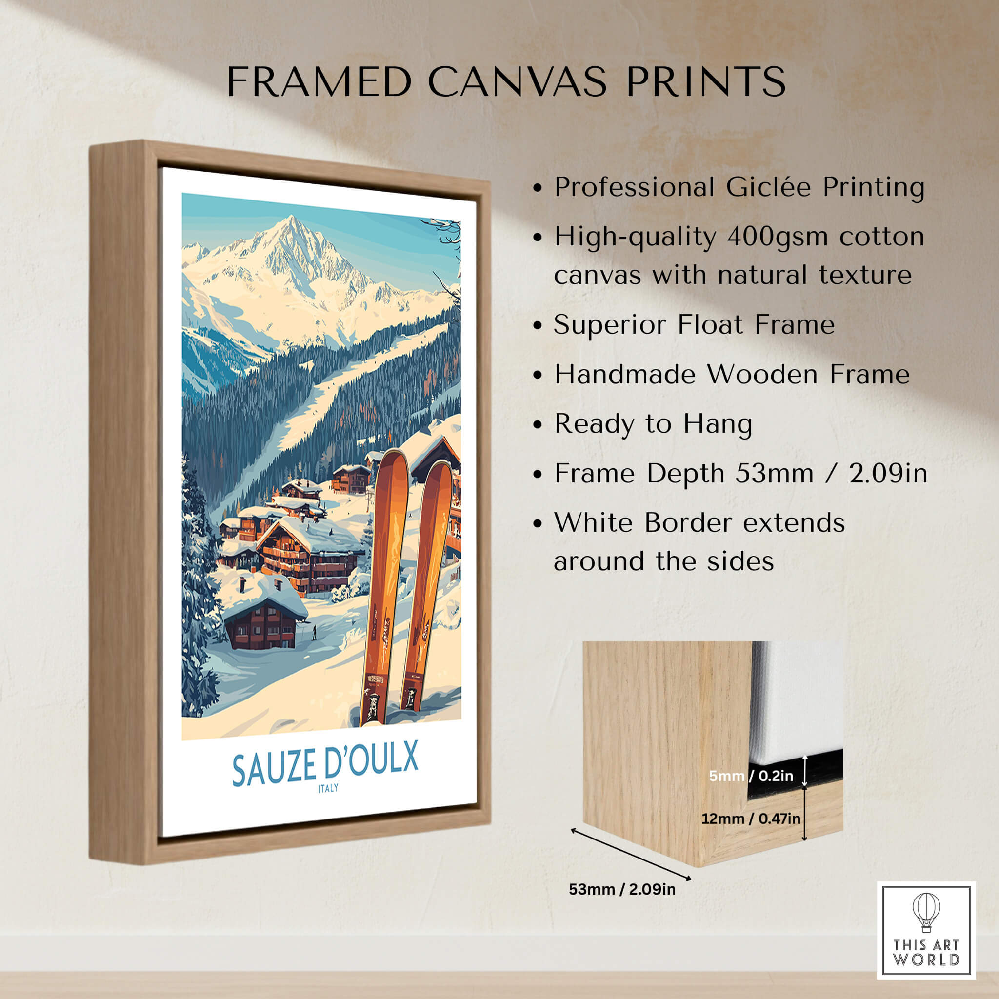 Framed canvas print featuring the Sauze d'Oulx Ski Poster in a wooden frame, showcasing vibrant ski landscapes.
