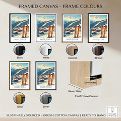 Framed canvas options for Sauze d'Oulx Ski Poster showcasing various colors and styles.
