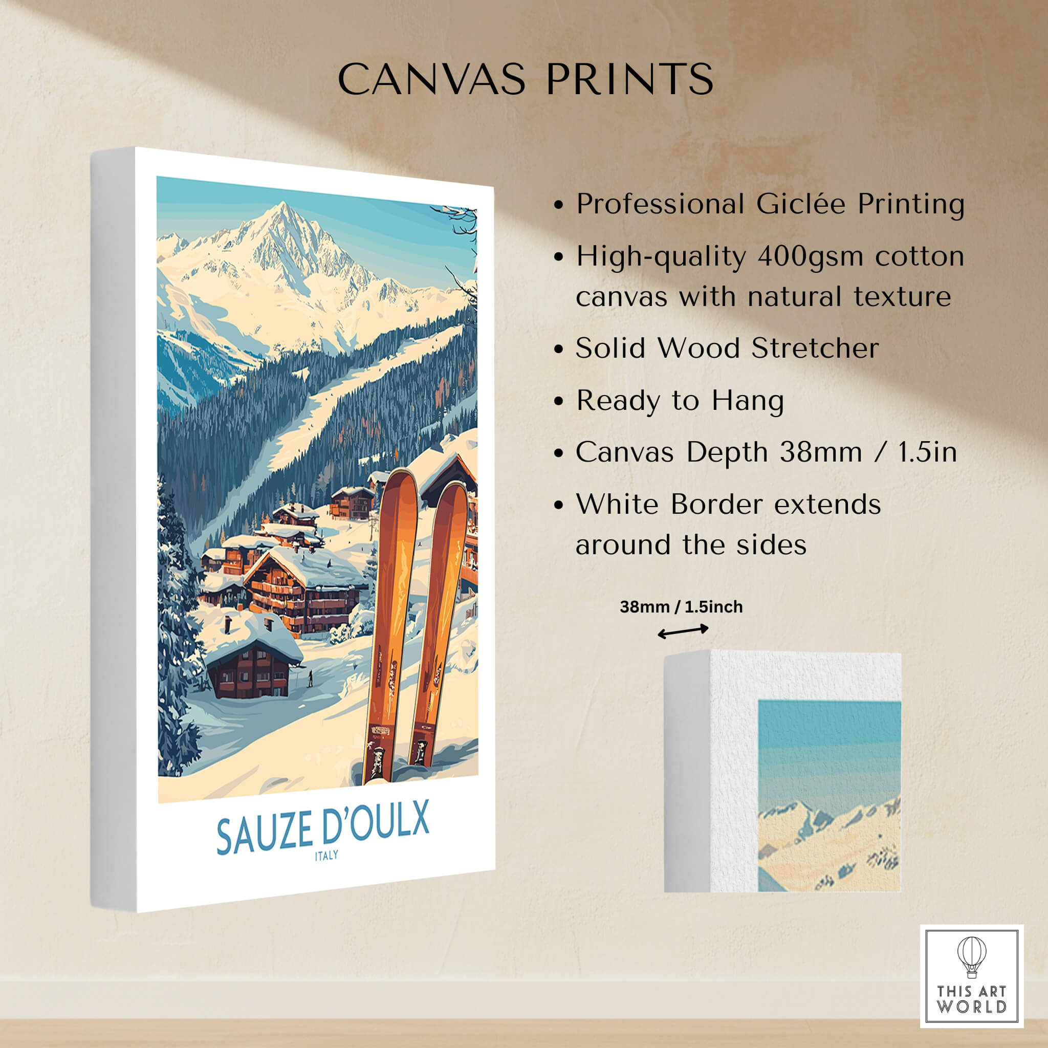 Sauze d'Oulx Ski Poster featuring picturesque landscapes and vibrant slopes on high-quality canvas print.