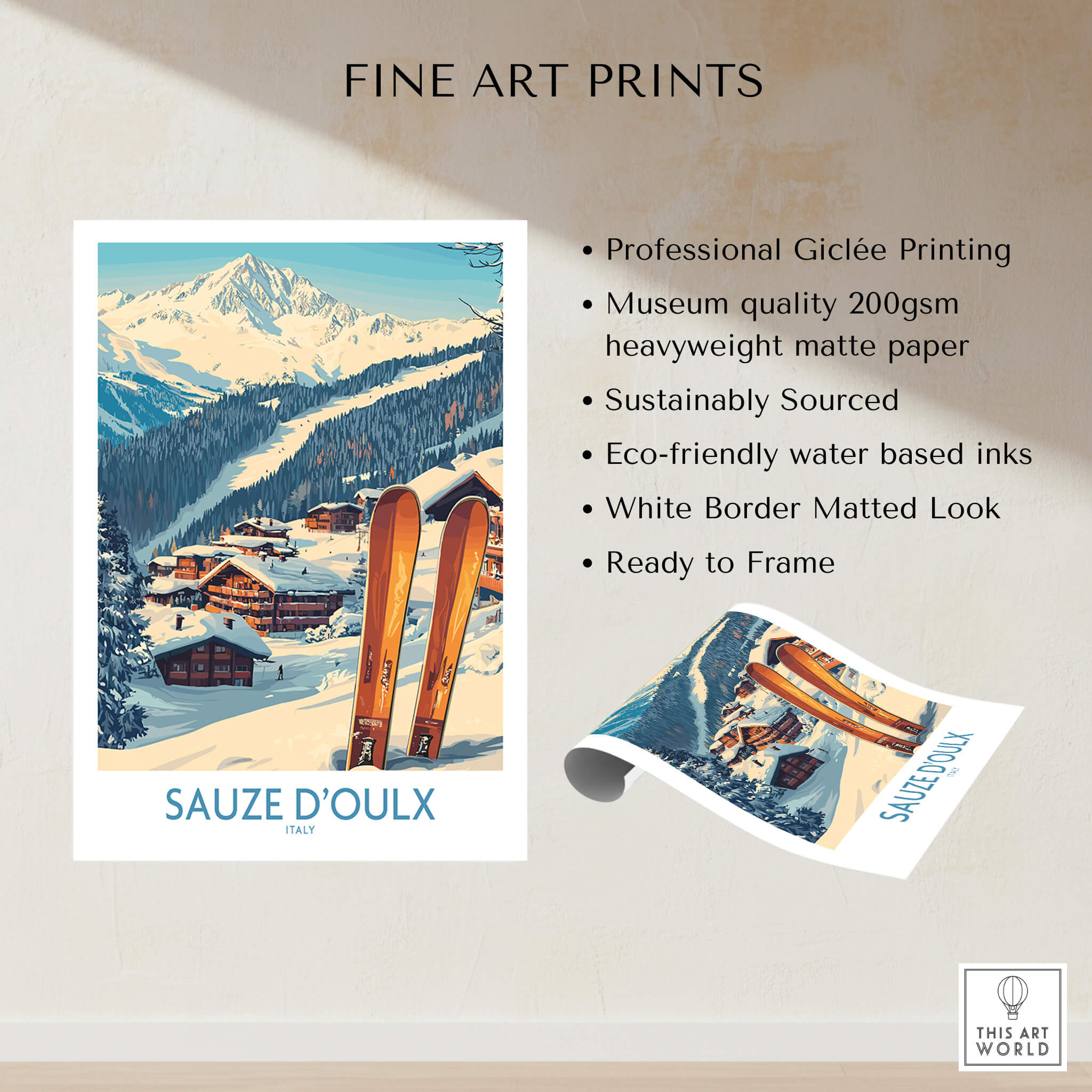 Sauze d'Oulx Ski Poster showcasing vibrant slopes and professional Giclée printing in a fine art style.