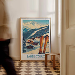 Sauze d'Oulx Ski Poster featuring picturesque landscapes and vibrant slopes in a cozy setting.