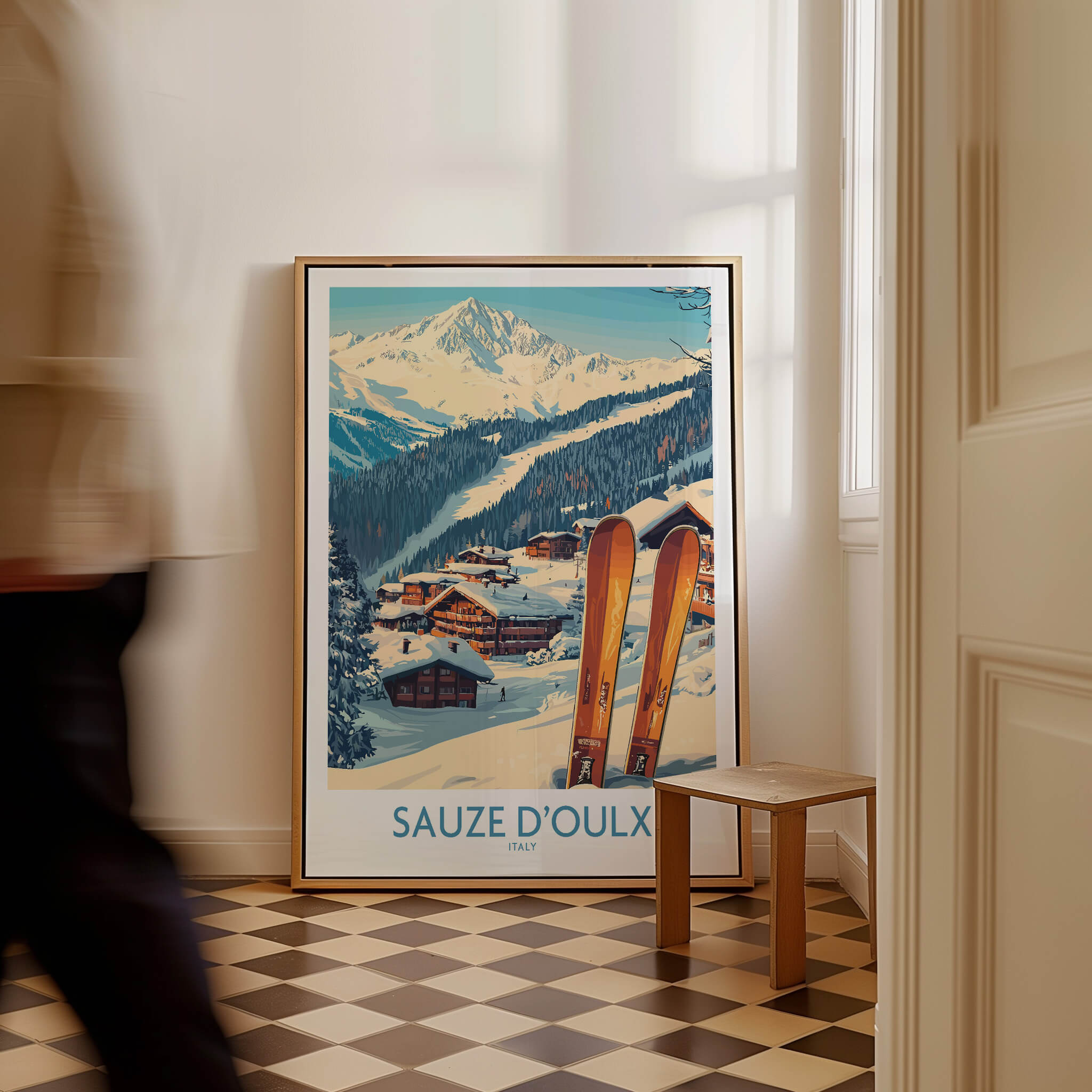 Sauze d'Oulx Ski Poster featuring picturesque landscapes and vibrant slopes in a cozy setting.