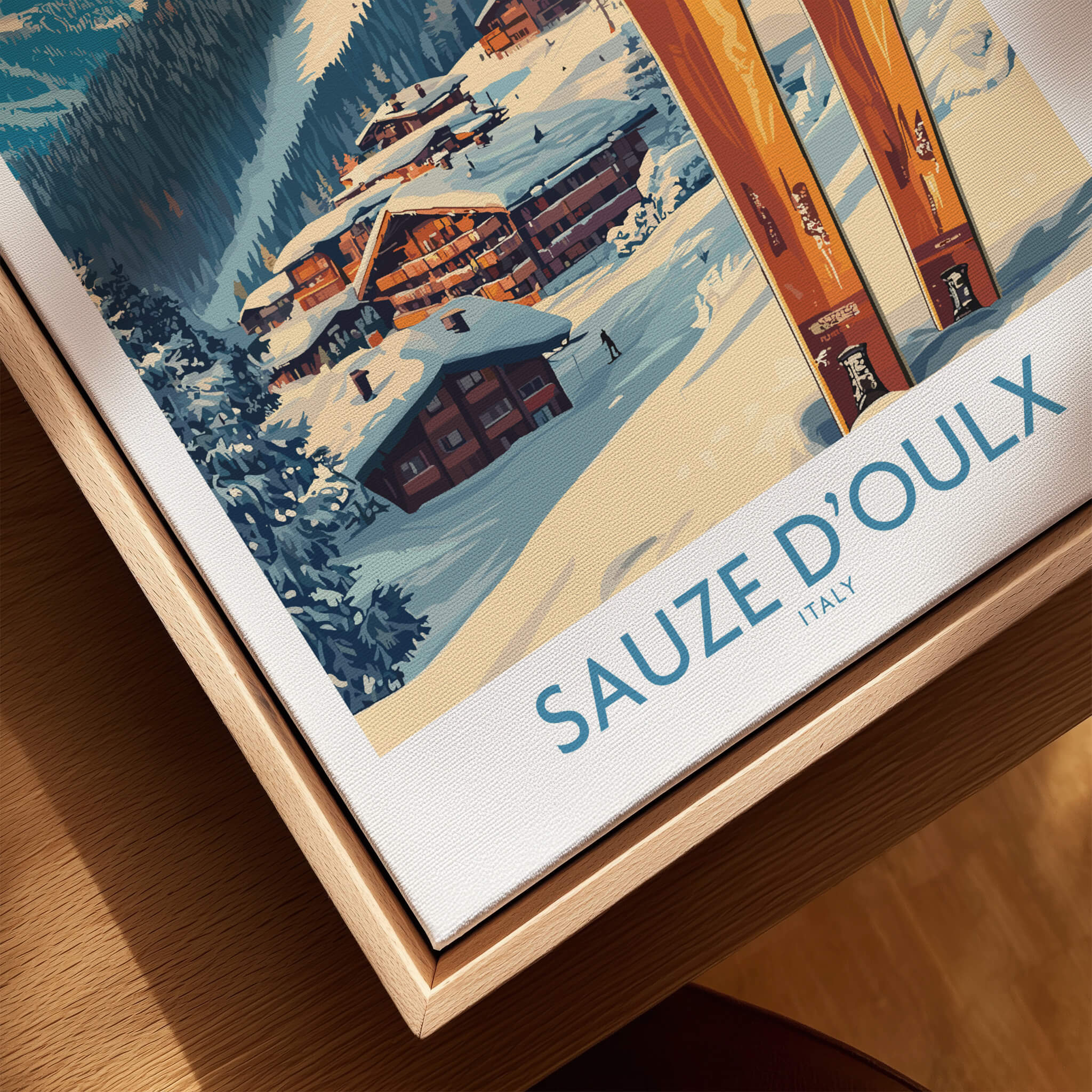 Sauze d'Oulx Ski Poster featuring vibrant ski landscapes and cozy chalets in Italy.