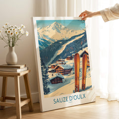 Sauze d'Oulx Ski Poster featuring stunning mountain landscape and ski equipment.