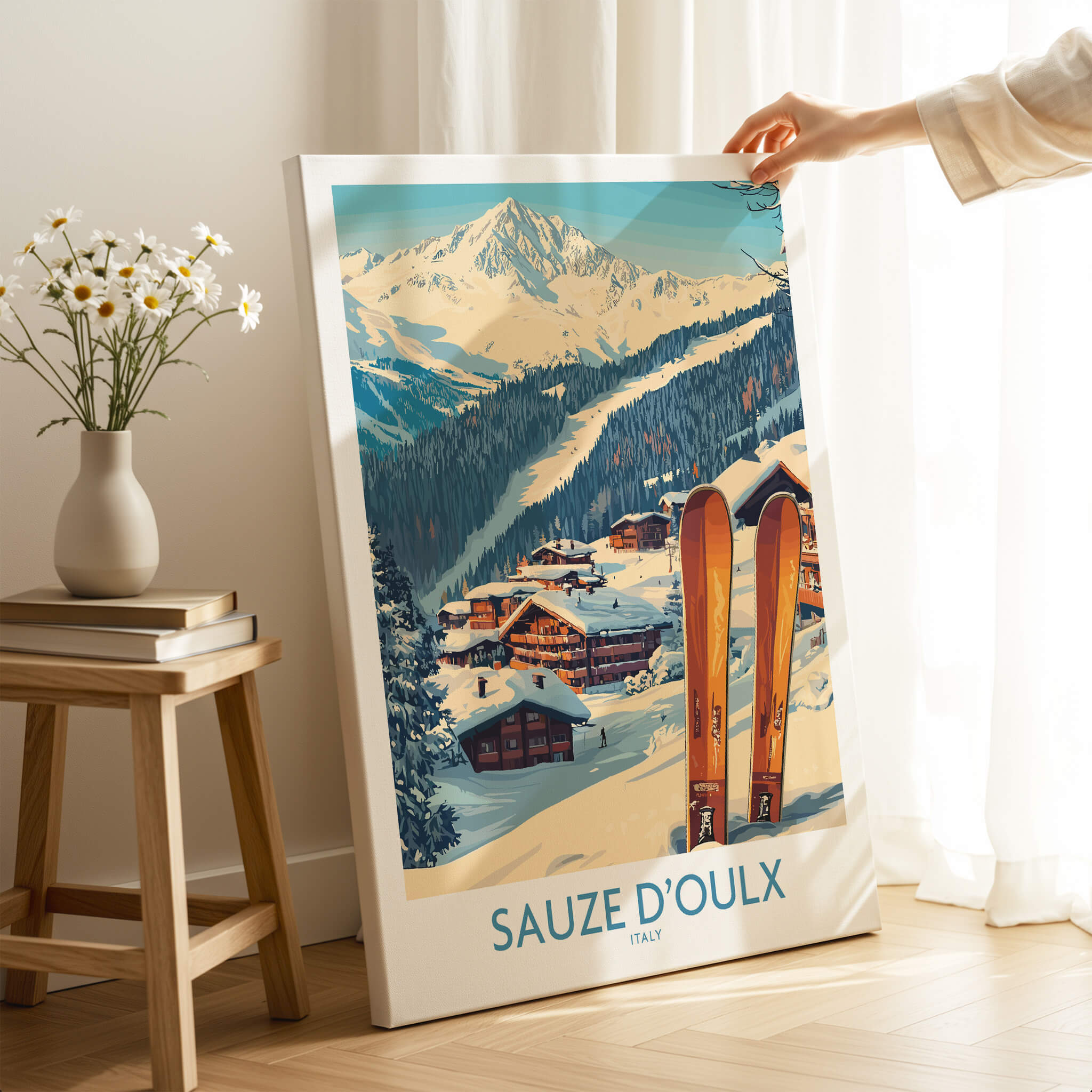 Sauze d'Oulx Ski Poster featuring stunning mountain landscape and ski equipment.