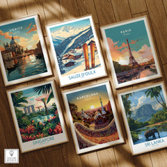 Collection of travel posters including Sauze d'Oulx Ski Poster, featuring vibrant colors and scenic landscapes.