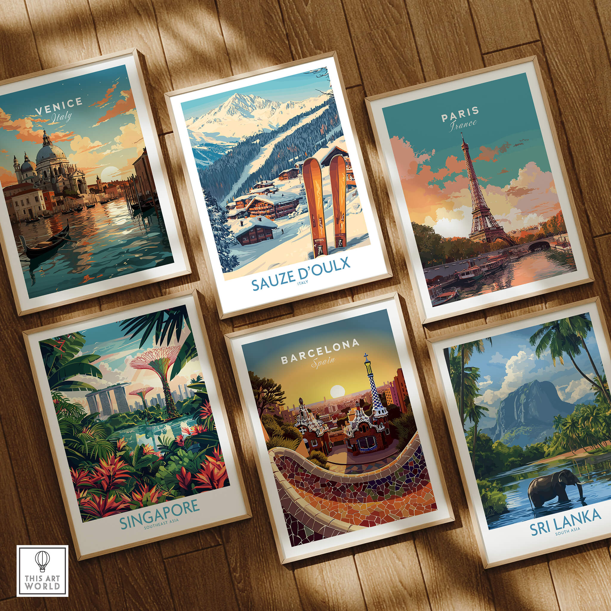Collection of travel posters including Sauze d'Oulx Ski Poster, featuring vibrant colors and scenic landscapes.