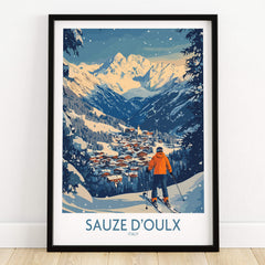 Sauze d'Oulx Ski Wall Art Poster Italy featuring a skier overlooking the mountains and village in a vibrant design.