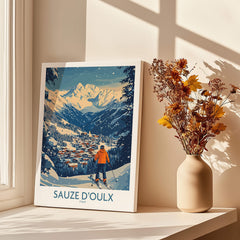 Sauze d'Oulx Ski Wall Art Poster Italy showcasing a skier on stunning slopes with a village backdrop in winter.