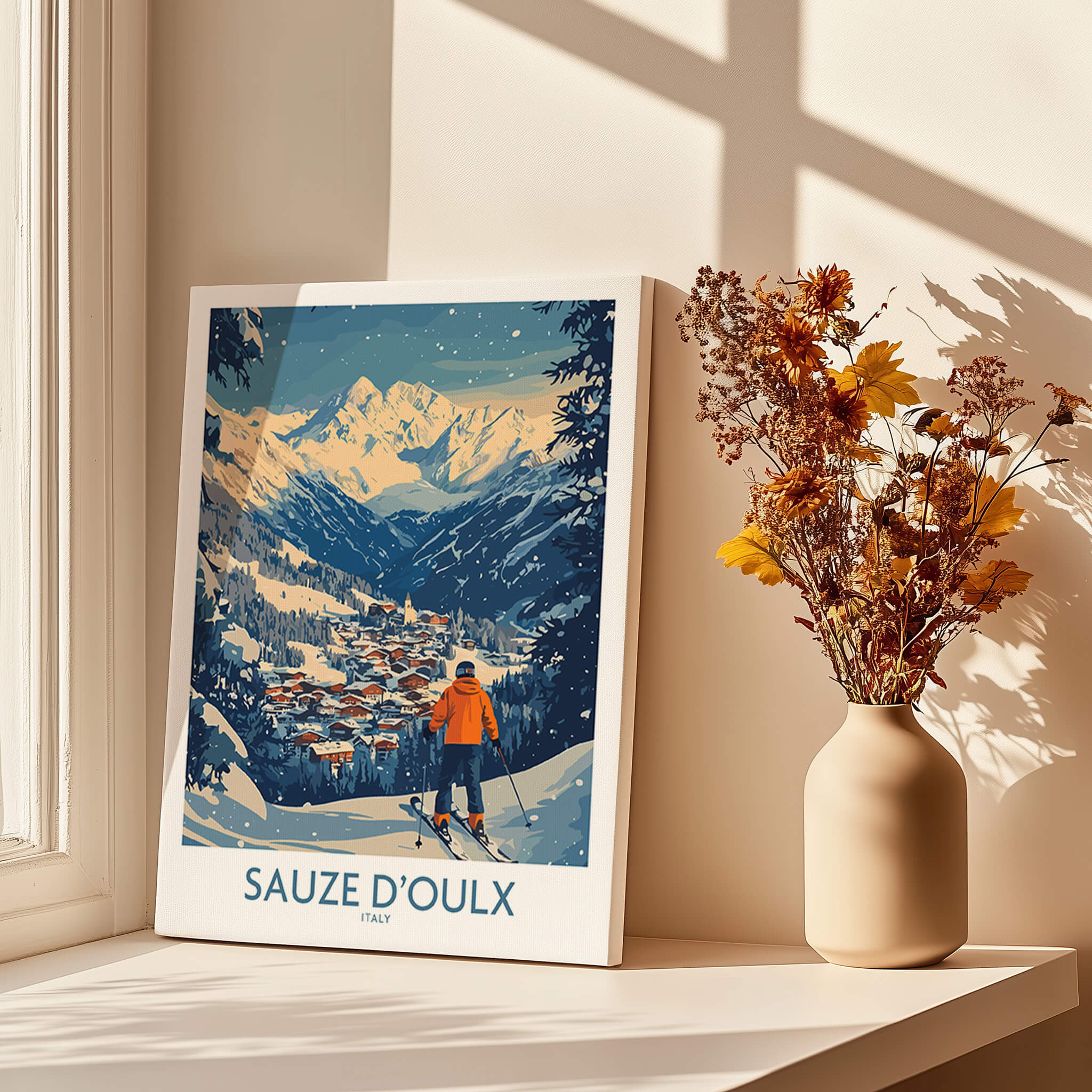 Sauze d'Oulx Ski Wall Art Poster Italy showcasing a skier on stunning slopes with a village backdrop in winter.