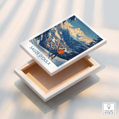Sauze d'Oulx Ski Wall Art Poster Italy displayed on a white box, showcasing skiing in a stunning Italian landscape.