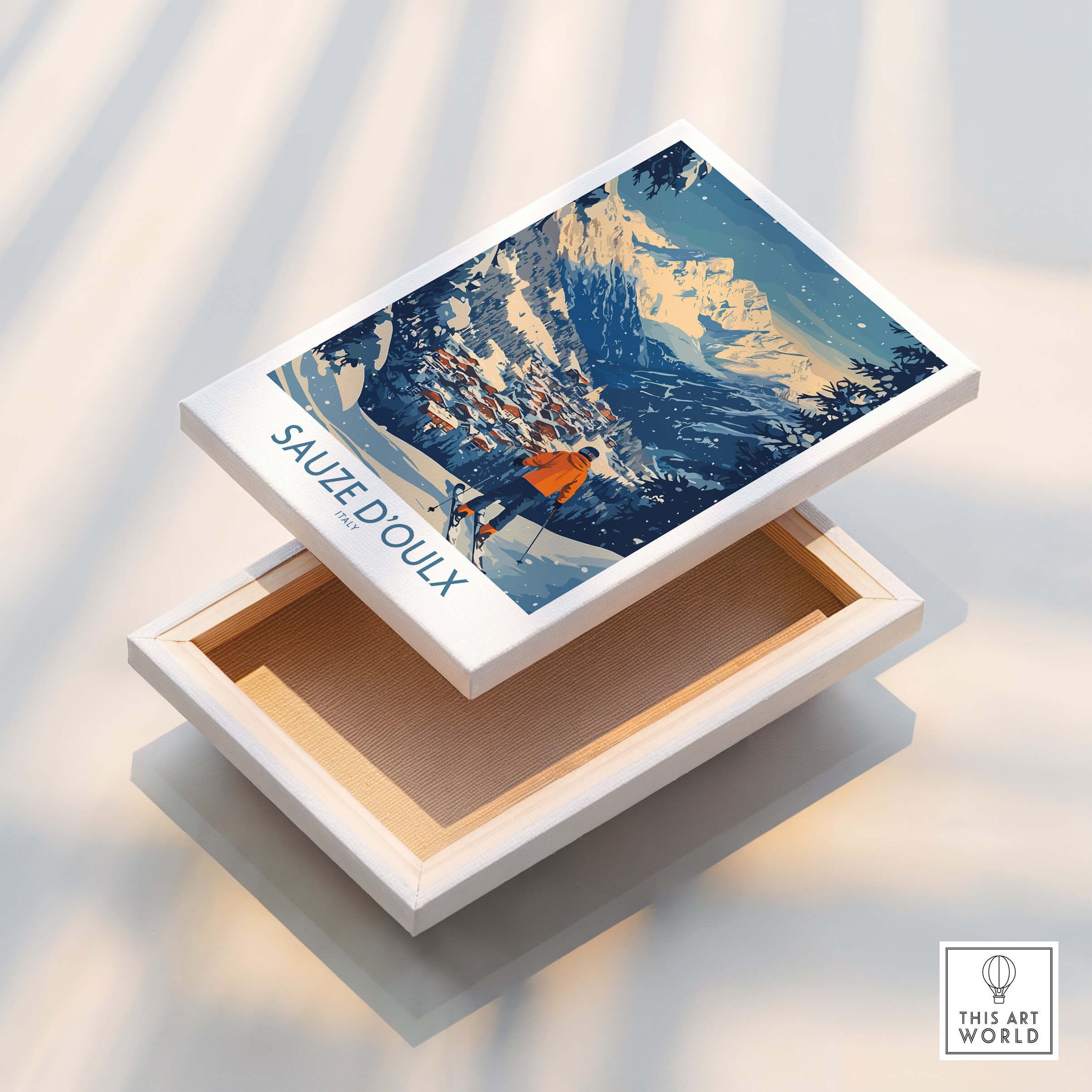 Sauze d'Oulx Ski Wall Art Poster Italy displayed on a white box, showcasing skiing in a stunning Italian landscape.