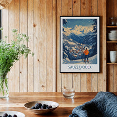 Sauze d'Oulx Ski Wall Art Poster Italy displayed in a cozy wooden interior, showcasing beautiful ski scenery.