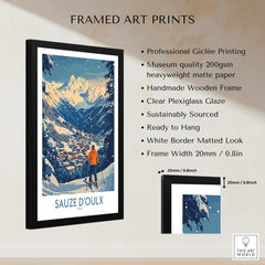 Sauze d'Oulx Ski Wall Art Poster Italy framed art print showcasing a ski scene with mountains and village.