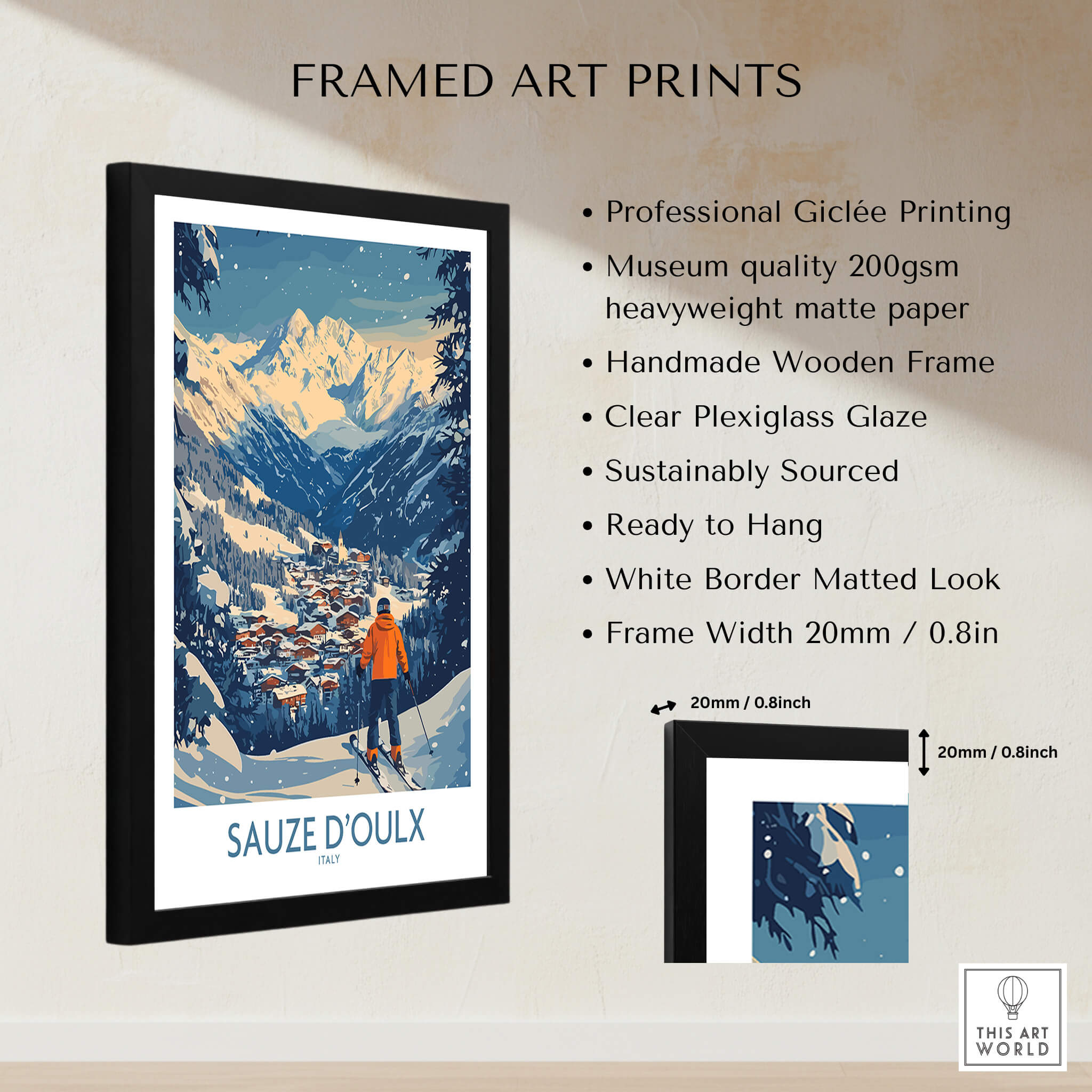 Sauze d'Oulx Ski Wall Art Poster Italy framed art print showcasing a ski scene with mountains and village.