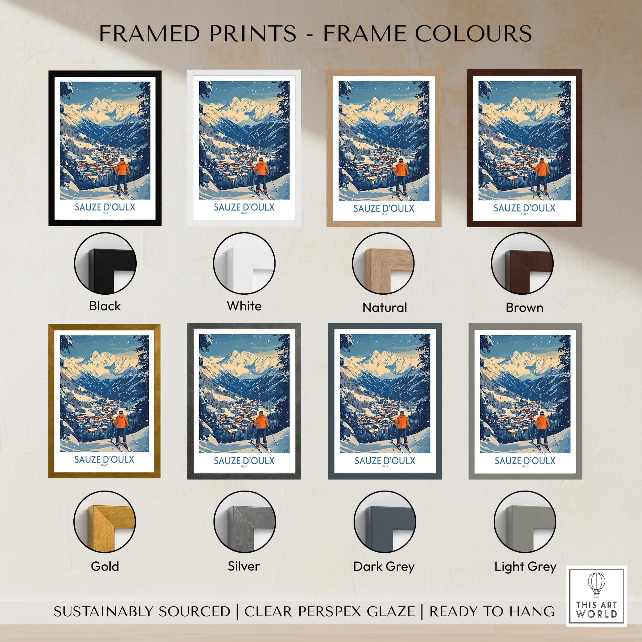 Sauze d'Oulx Ski Wall Art Poster Italy displayed in various frame colors including black, white, natural, and brown.