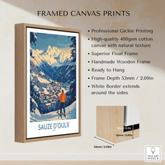 Sauze d'Oulx Ski Wall Art Poster Italy framed canvas print showcasing snowy mountains and ski slopes.