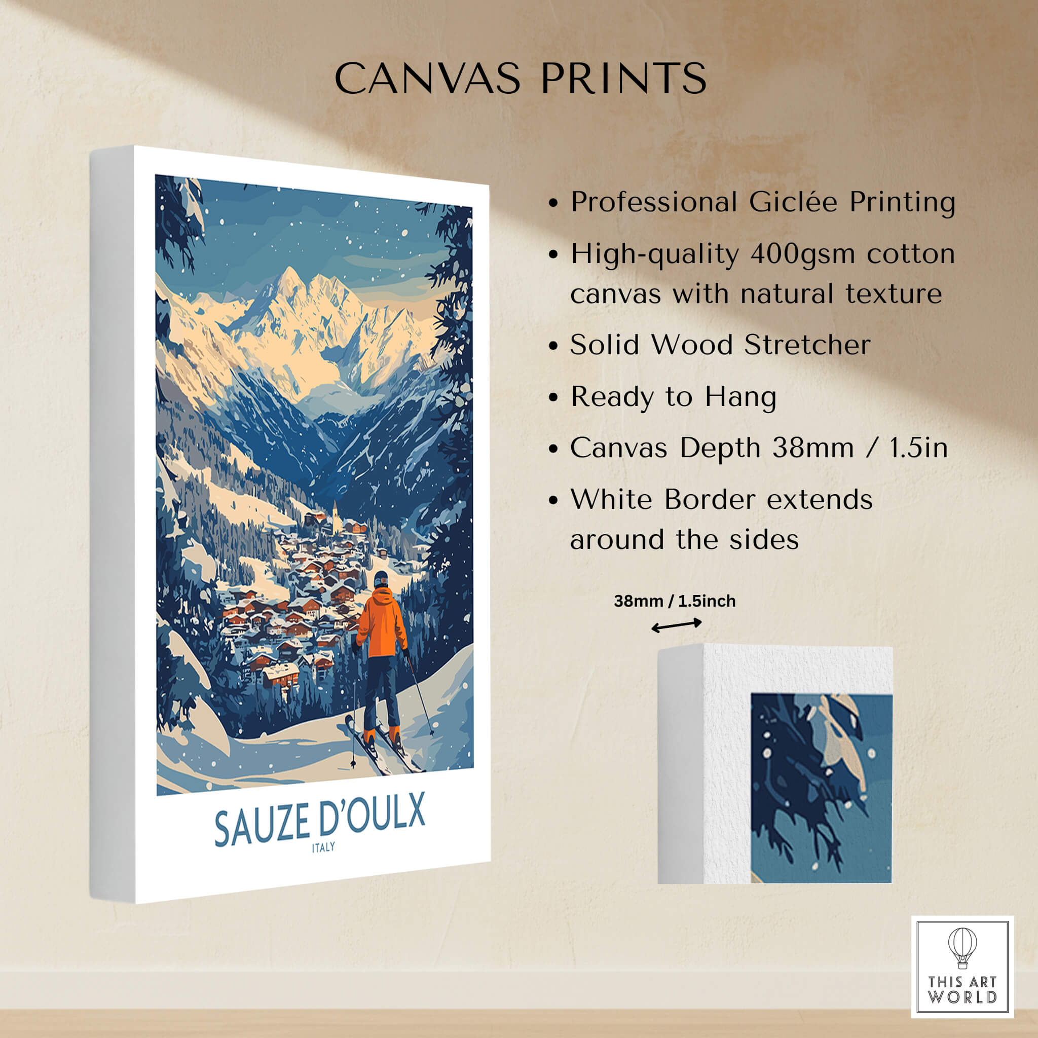 Sauze d'Oulx Ski Wall Art Poster Italy showcasing vibrant mountain scenery and ski slopes.