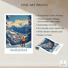 Sauze d'Oulx Ski Wall Art Poster Italy showcasing slopes and vibrant design on heavyweight matte paper.