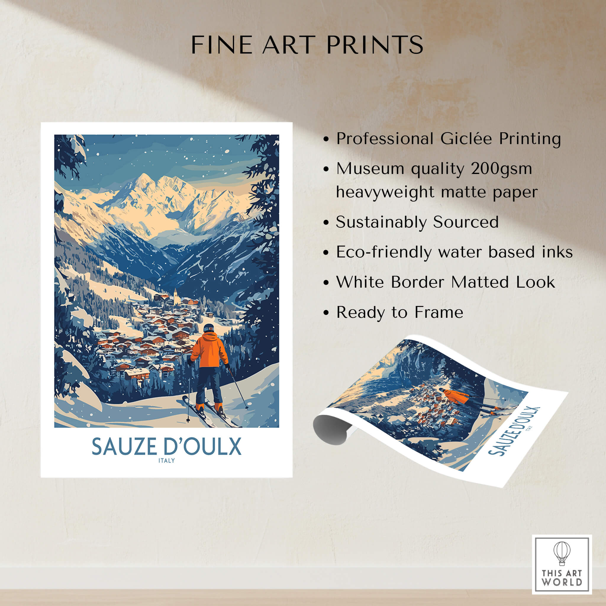 Sauze d'Oulx Ski Wall Art Poster Italy showcasing slopes and vibrant design on heavyweight matte paper.