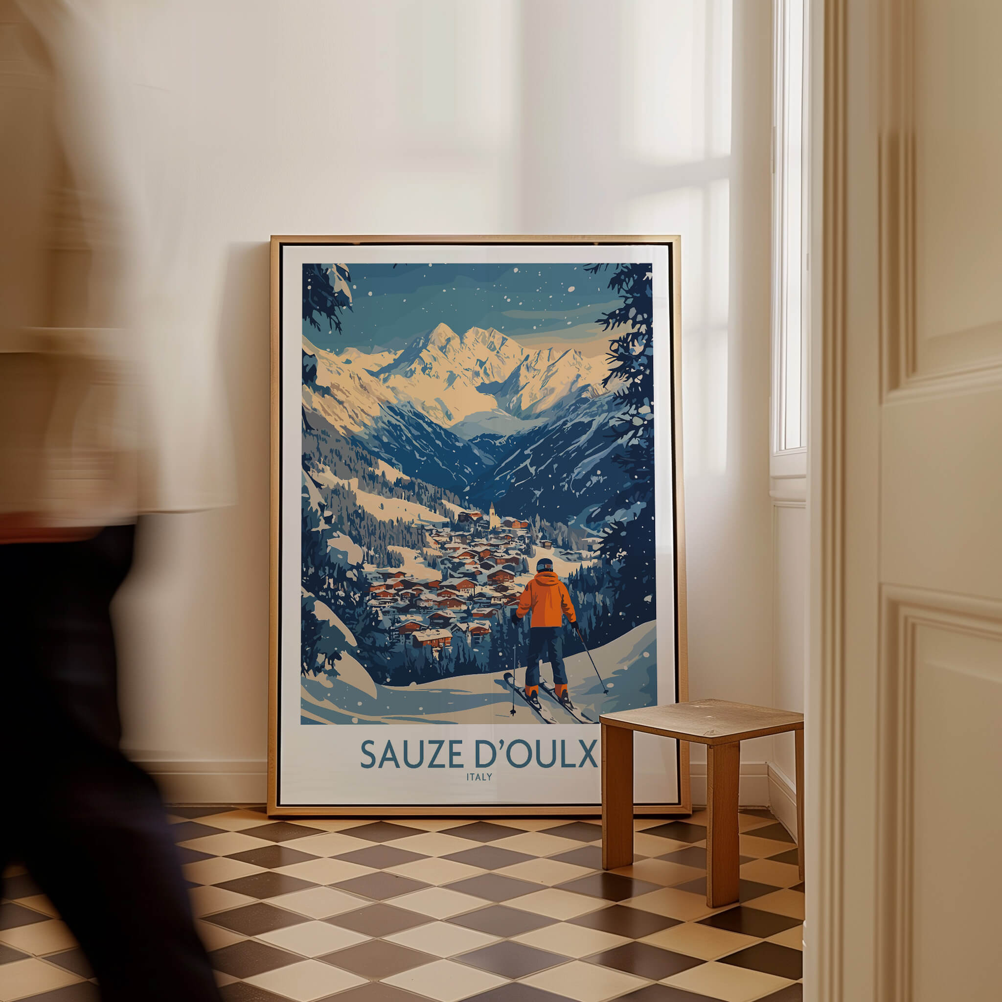 Sauze d'Oulx Ski Wall Art Poster Italy displayed in a stylish interior with snowy mountains and a skier.