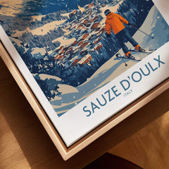 Sauze d'Oulx Ski Wall Art Poster Italy featuring a skier overlooking the scenic slopes in Austria.