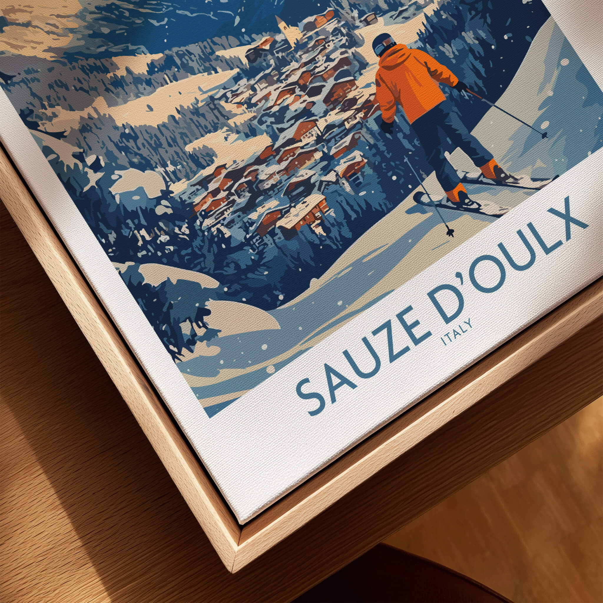 Sauze d'Oulx Ski Wall Art Poster Italy featuring a skier overlooking the scenic slopes in Austria.