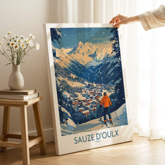 Sauze d'Oulx Ski Wall Art Poster Italy showcasing stunning ski slopes and mountain views, perfect for winter enthusiasts.