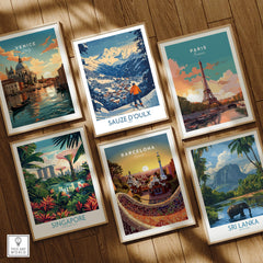 Sauze d'Oulx Ski Wall Art Poster Italy with other travel posters featuring Venice, Paris, Singapore, Barcelona, and Sri Lanka.