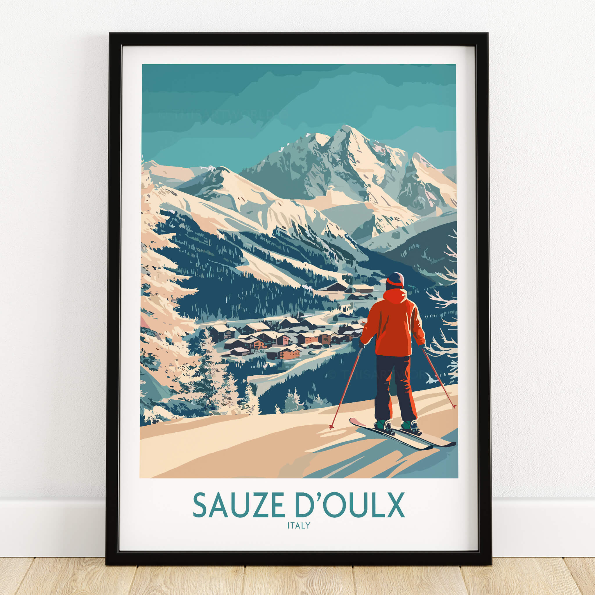 Sauze d'Oulx Poster Italy showcasing a skier overlooking scenic mountains and ski resort in Italy.
