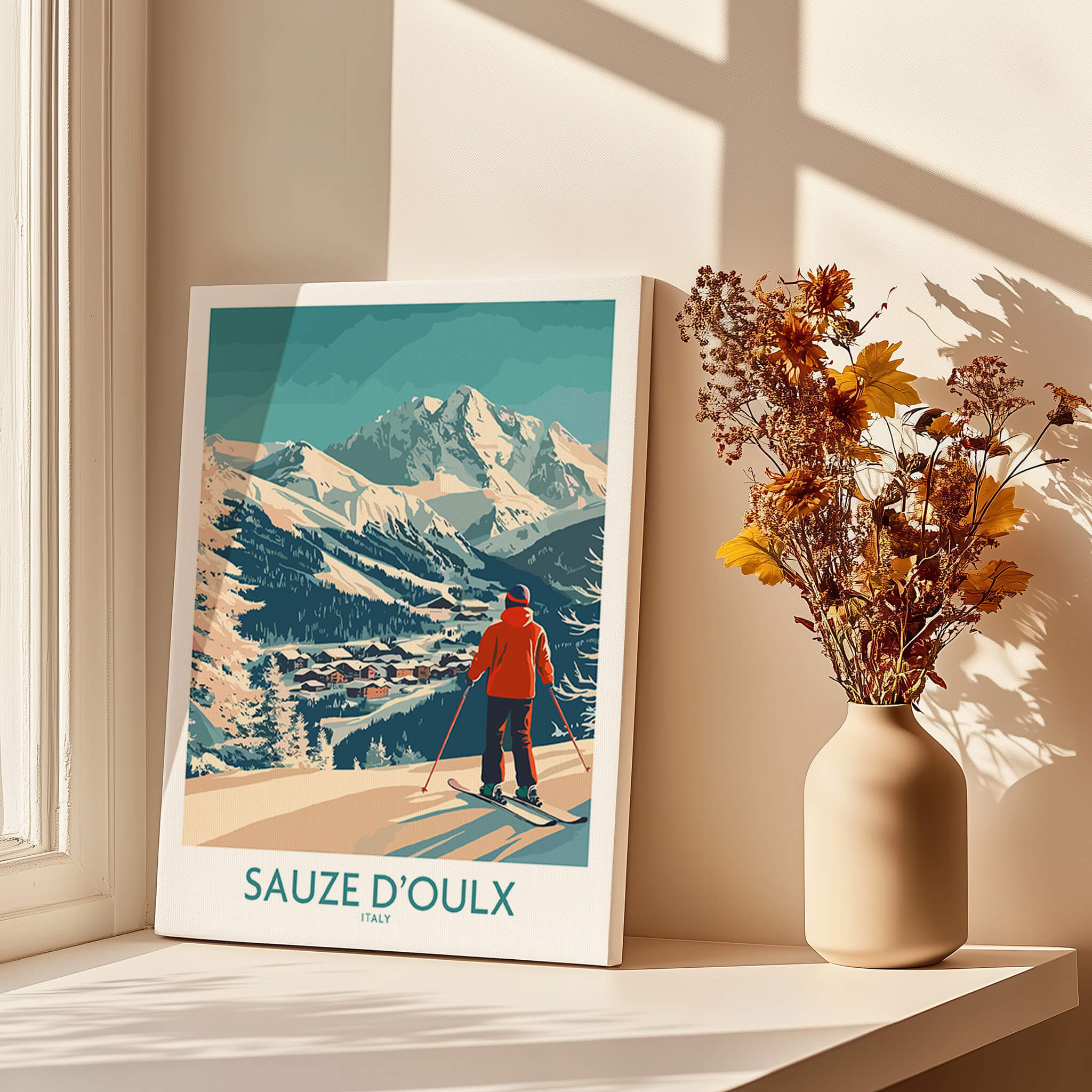 Sauze d'Oulx Poster Italy displayed in a sunlit room with mountains and skier illustration.