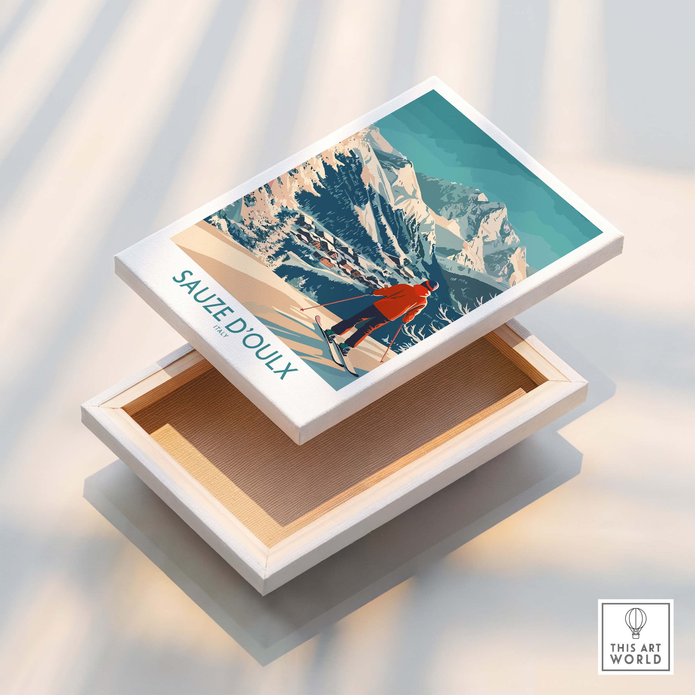 Sauze d'Oulx Poster Italy displayed on a stylish box, capturing the beauty of the Italian ski destination.